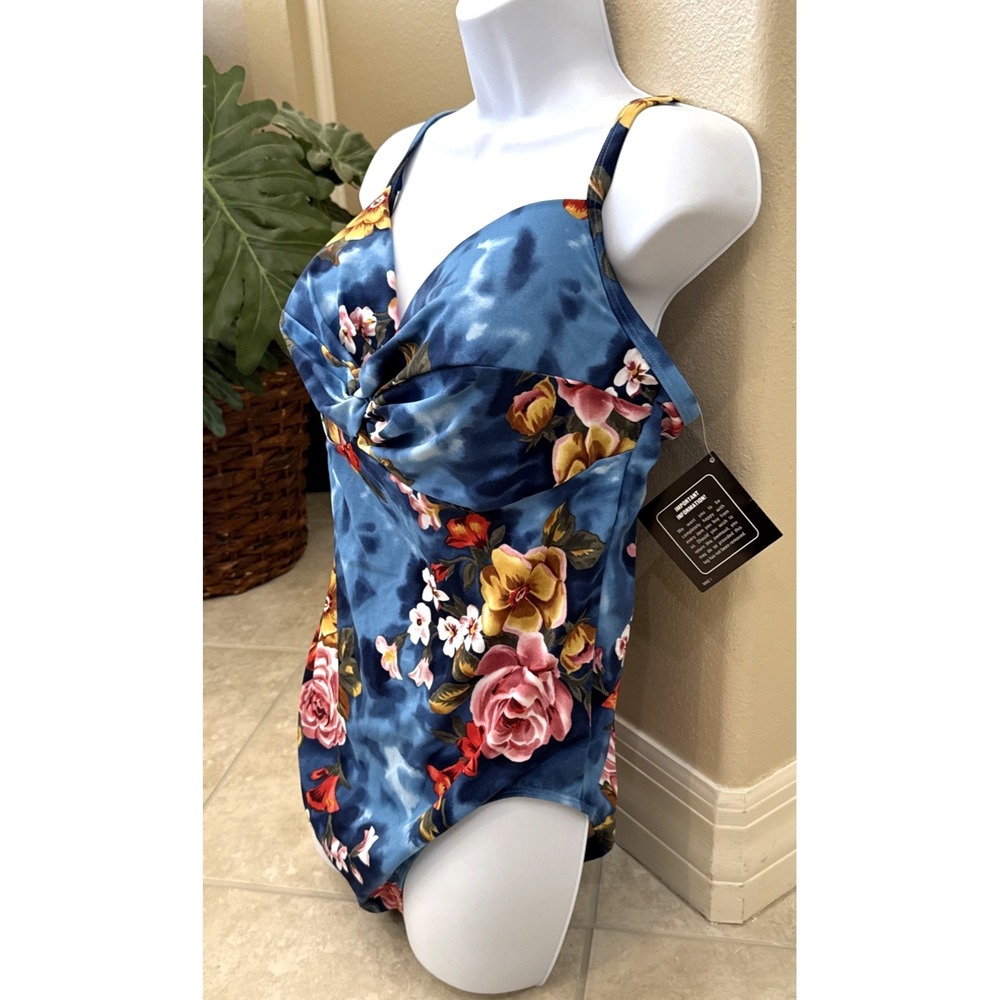New Newport News One Piece Swimsuit Blue Tropical Floral Print Size 20 Hawaiian